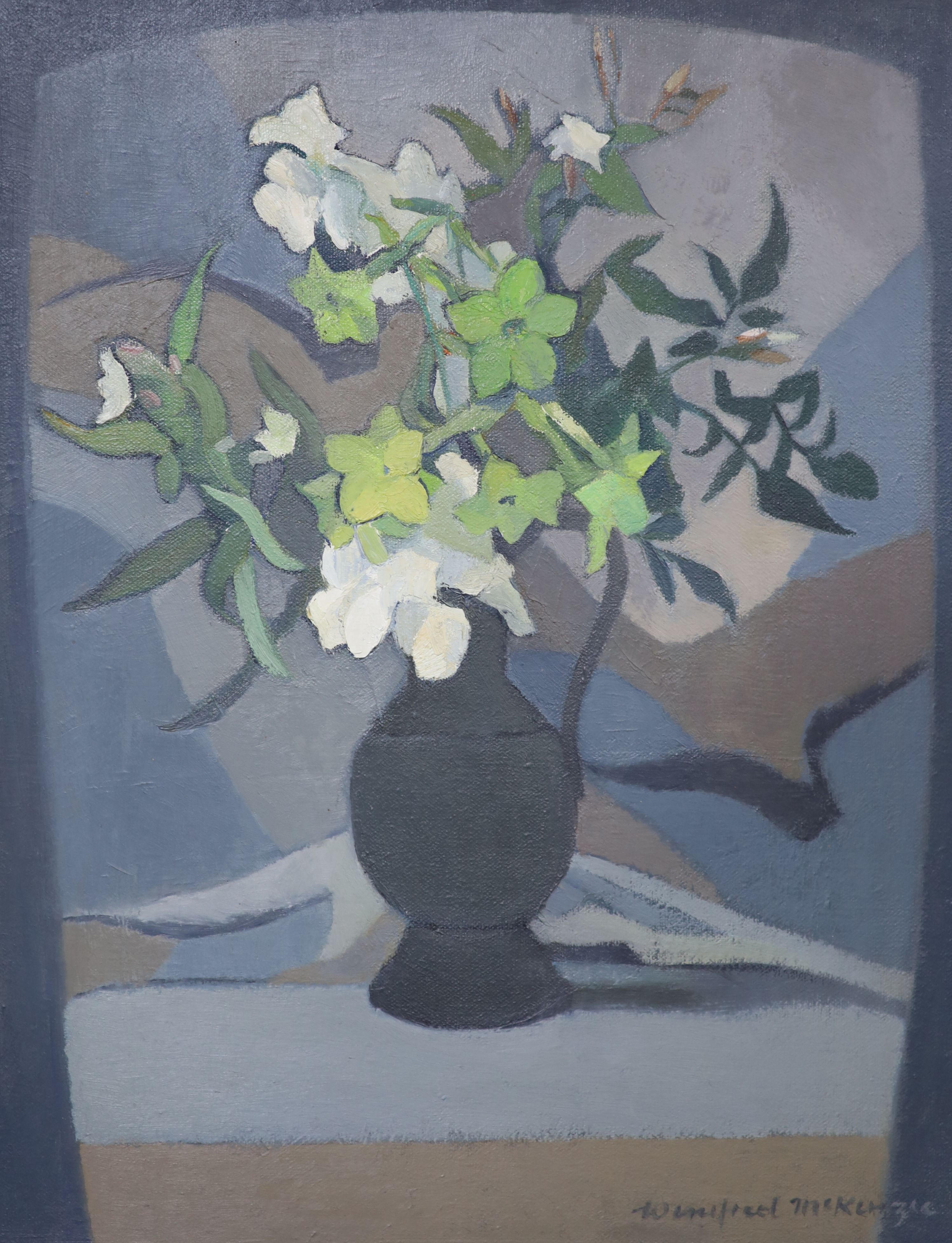 Winifred McKenzie, oil on canvas, still life of flowers in vase Good condition; reverse with label attached “Royal Scottish Academy Exhibition, 1976. Catalogue No. 155. £50”. 50 x 40cm